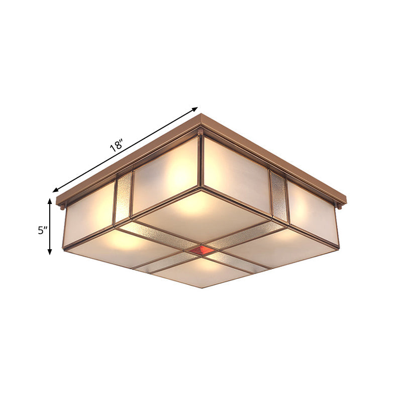 Plafonnier colonial en verre laiteux - Luminaire encastré carré pour salon avec finition en laiton (3/4 ampoules)