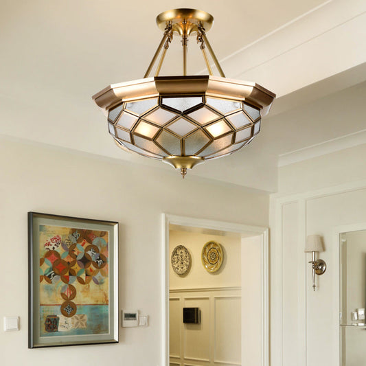 Semi-Mounted Brass Ceiling Light with Seeded Glass for Dining Room - Colonial Dome Design, 4 Bulbs