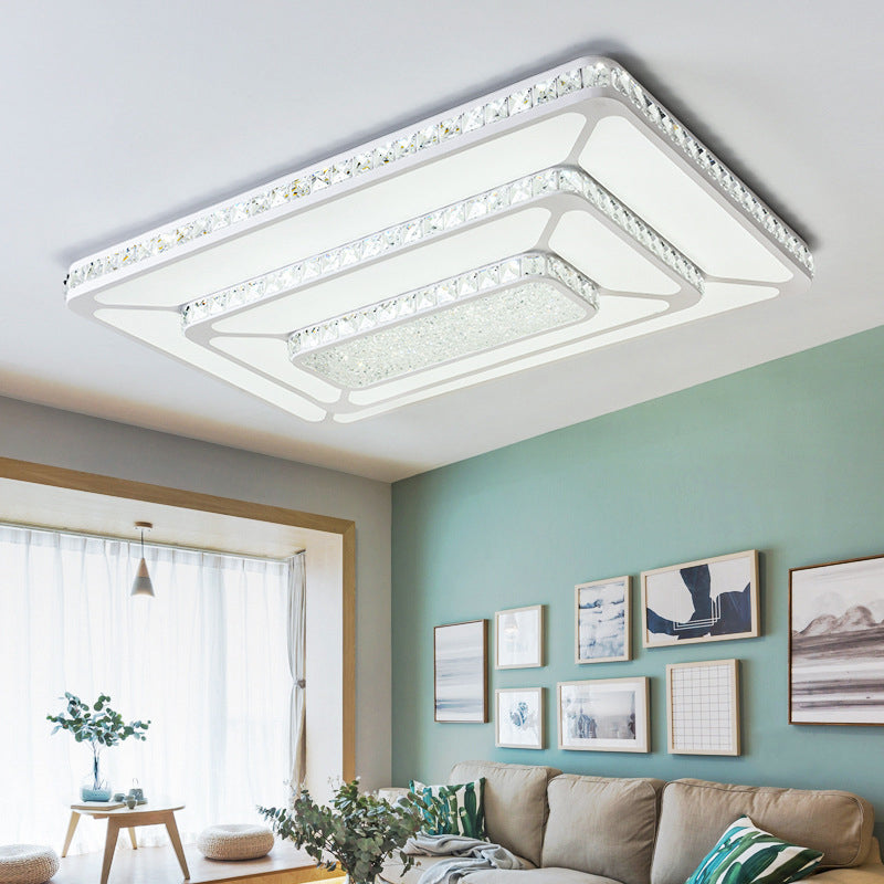 Modern Crystal LED Ceiling Light with White Rectangle Flushmount and Acrylic Diffuser