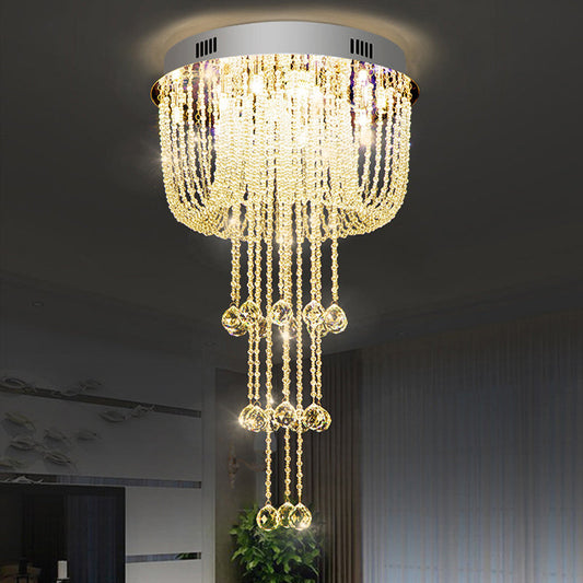 Contemporary Beaded Crystal LED Flush Light Fixture - Nickel Flush Mount Ceiling Lighting for Living Room