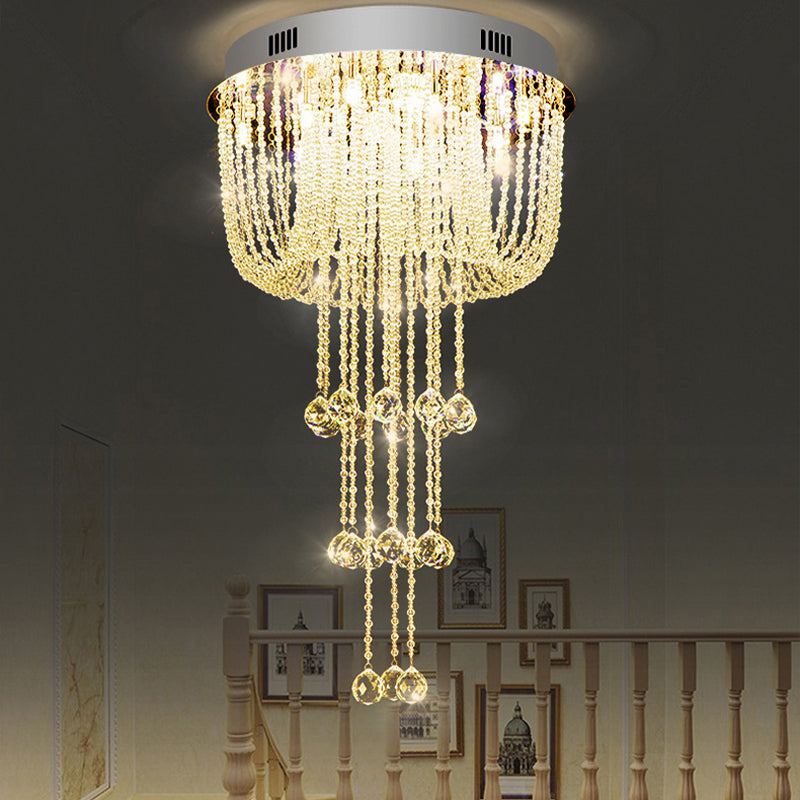 Contemporary Beaded Crystal LED Flush Light Fixture - Nickel Flush Mount Ceiling Lighting for Living Room