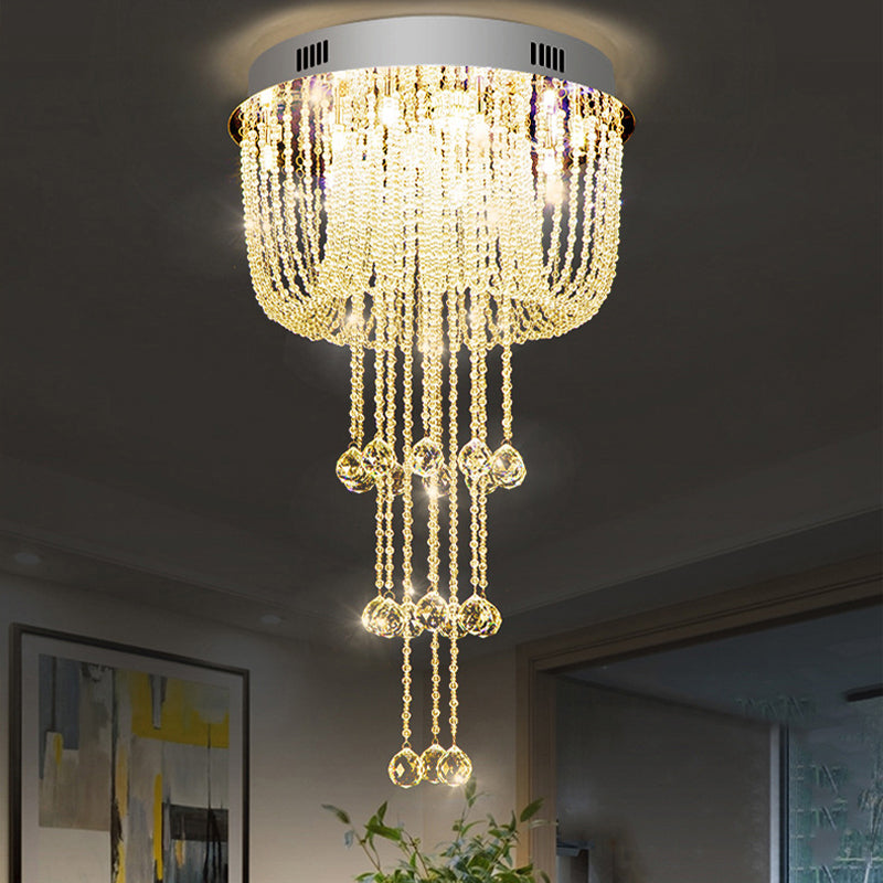 Contemporary Beaded Crystal LED Flush Light Fixture - Nickel Flush Mount Ceiling Lighting for Living Room
