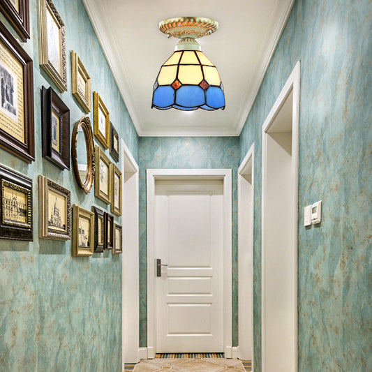Vintage Stained Glass Dome Ceiling Light Fixture in Orange/Blue for Hallway