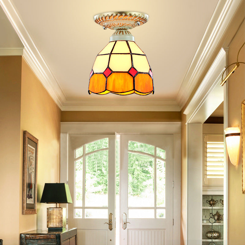 Vintage Stained Glass Dome Ceiling Light Fixture in Orange/Blue for Hallway
