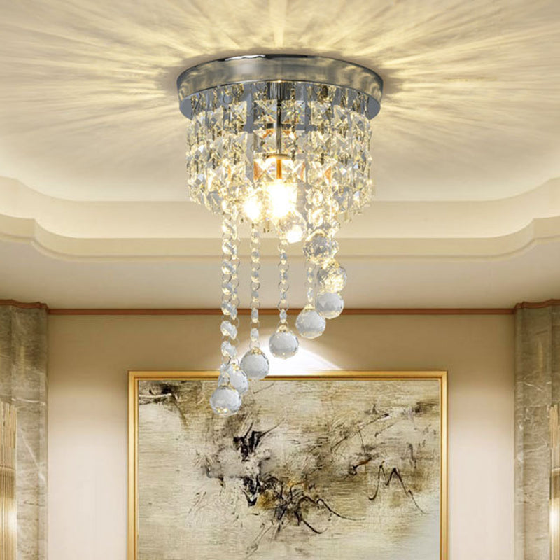 Contemporary Silver Round Crystal Flush Mount Ceiling Light - 1-Light for Living Room