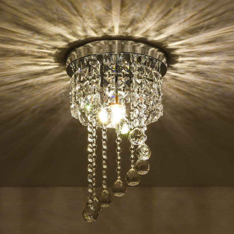 Contemporary Silver Round Crystal Flush Mount Ceiling Light - 1-Light for Living Room