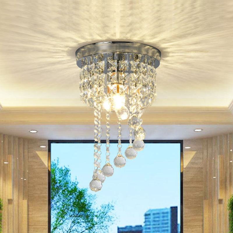 Contemporary Silver Round Crystal Flush Mount Ceiling Light - 1-Light for Living Room