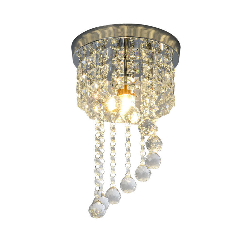Contemporary Silver Round Crystal Flush Mount Ceiling Light - 1-Light for Living Room