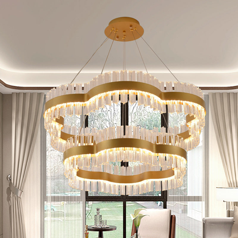 Modern Flower Crystal Ceiling Chandelier - Led Minimalist Hanging Light Kit In Black/Gold (23.5/31.5