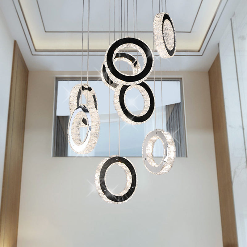 Minimalist Black LED Pendant with Ring Crystal Cluster for Living Room Down Lighting