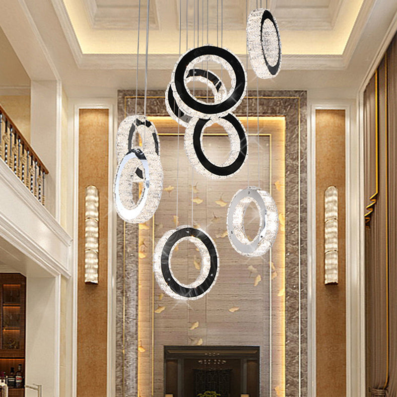 Minimalist Black LED Pendant with Ring Crystal Cluster for Living Room Down Lighting