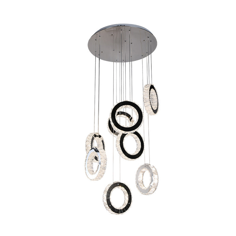 Minimalist Black LED Pendant with Ring Crystal Cluster for Living Room Down Lighting