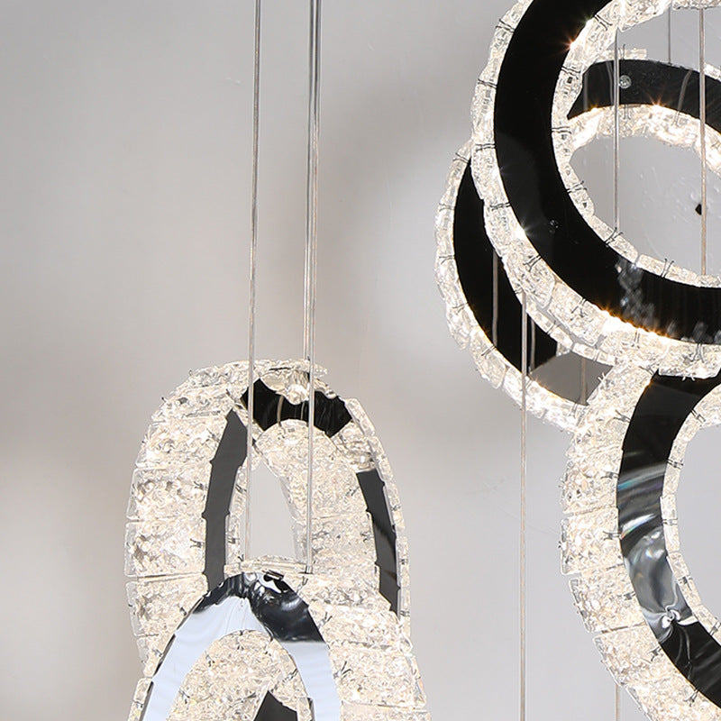 Minimalist Black LED Pendant with Ring Crystal Cluster for Living Room Down Lighting