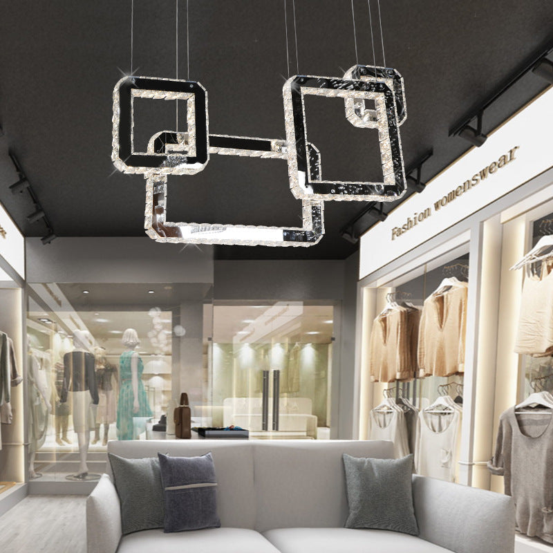 Modern Minimalist LED Black Crystal Pendant Light - Square Cluster Hanging Lamp for Living Room