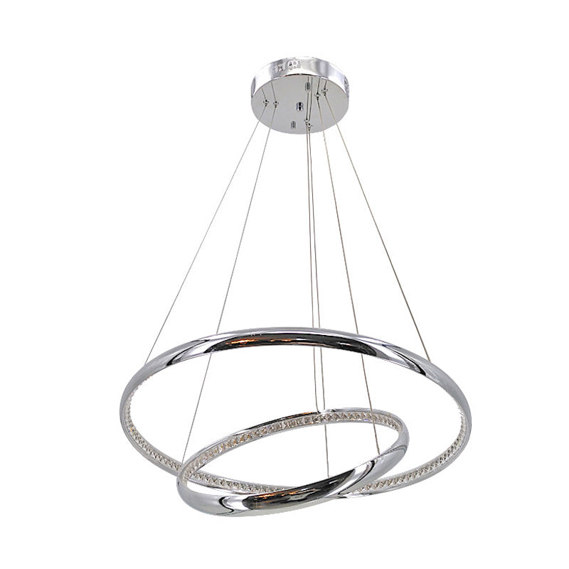 Lustre à anneaux minimaliste en cristal chromé à LED pour un éclairage chaud/blanc dans le salon