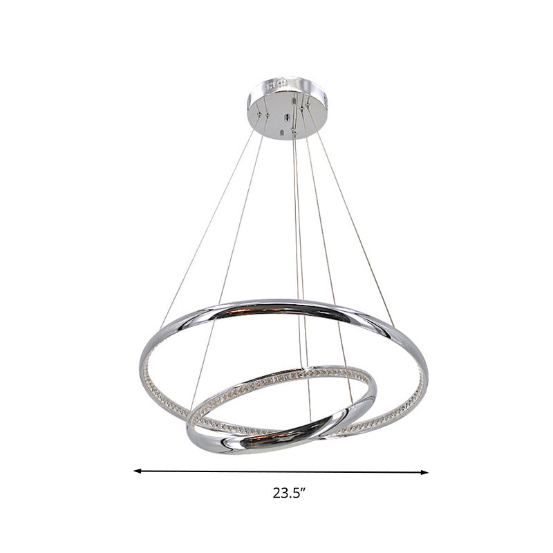 Lustre à anneaux minimaliste en cristal chromé à LED pour un éclairage chaud/blanc dans le salon