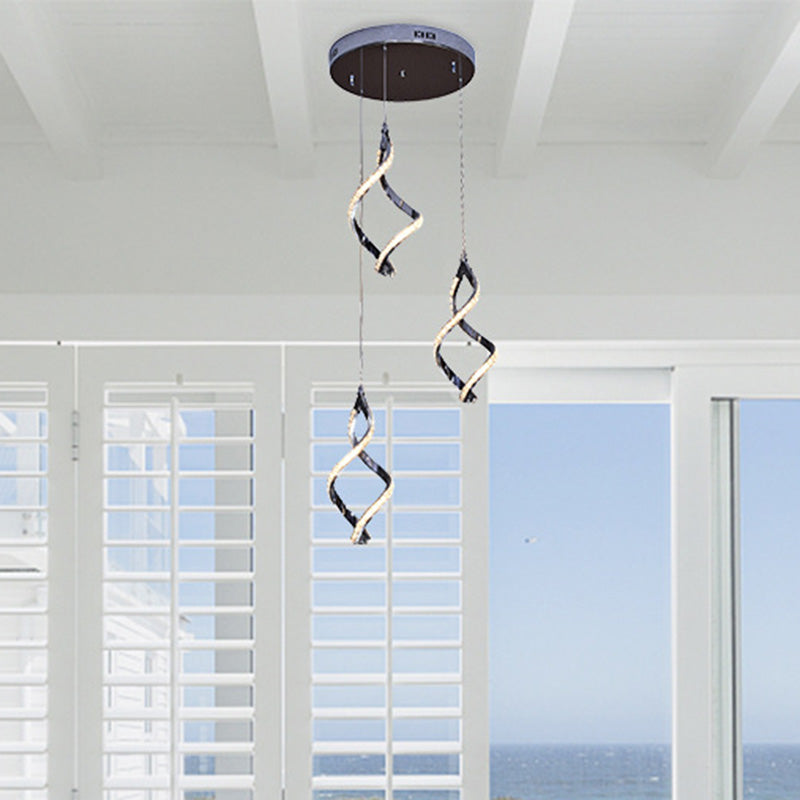 Modern Nickel Twist Cluster Pendant with Crystal Down Lighting and 3 Warm/White Lights