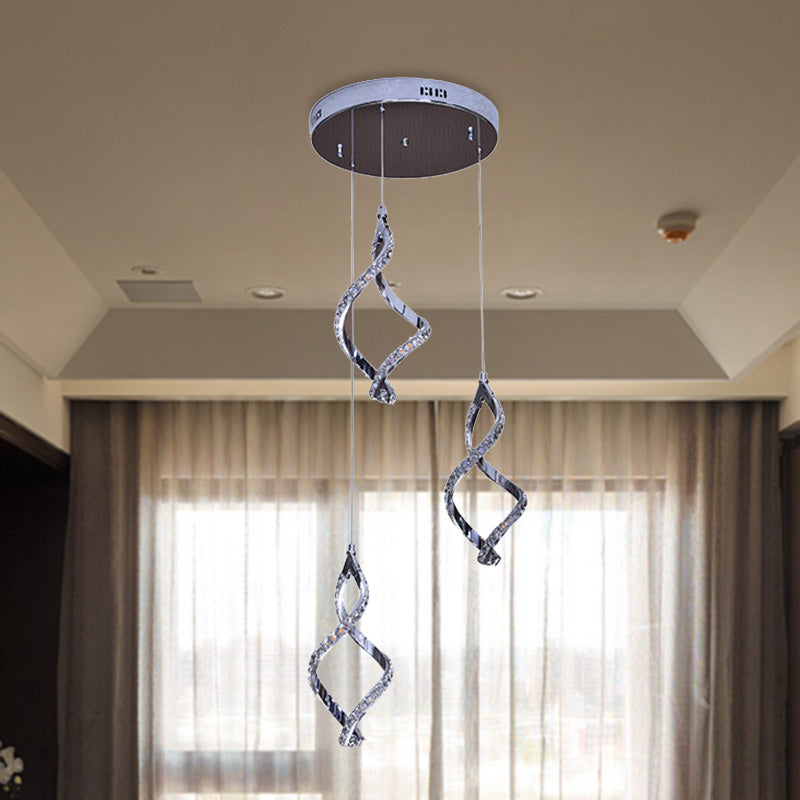 Modern Twist Shaped Nickel Pendant Light With Crystal Down Lighting - 3 Lights Warm/White