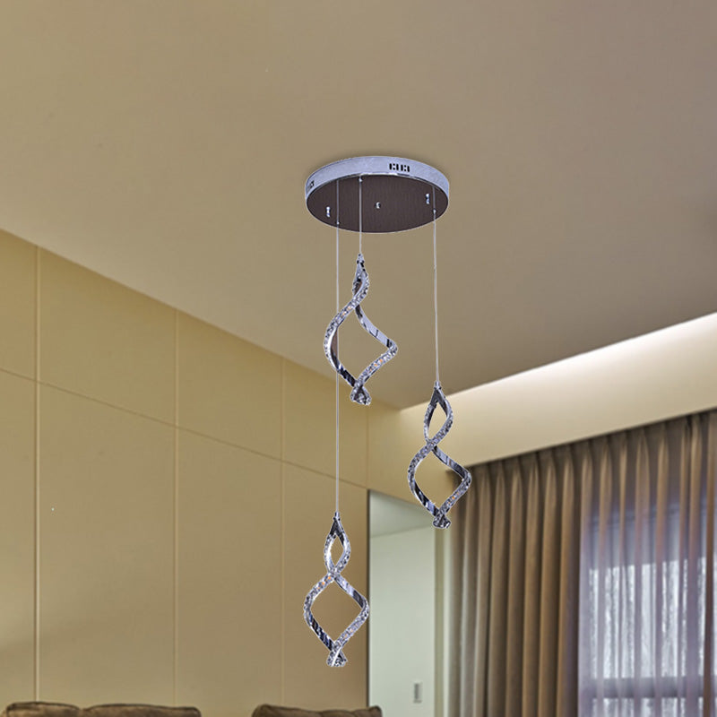 Modern Twist Shaped Nickel Pendant Light With Crystal Down Lighting - 3 Lights Warm/White