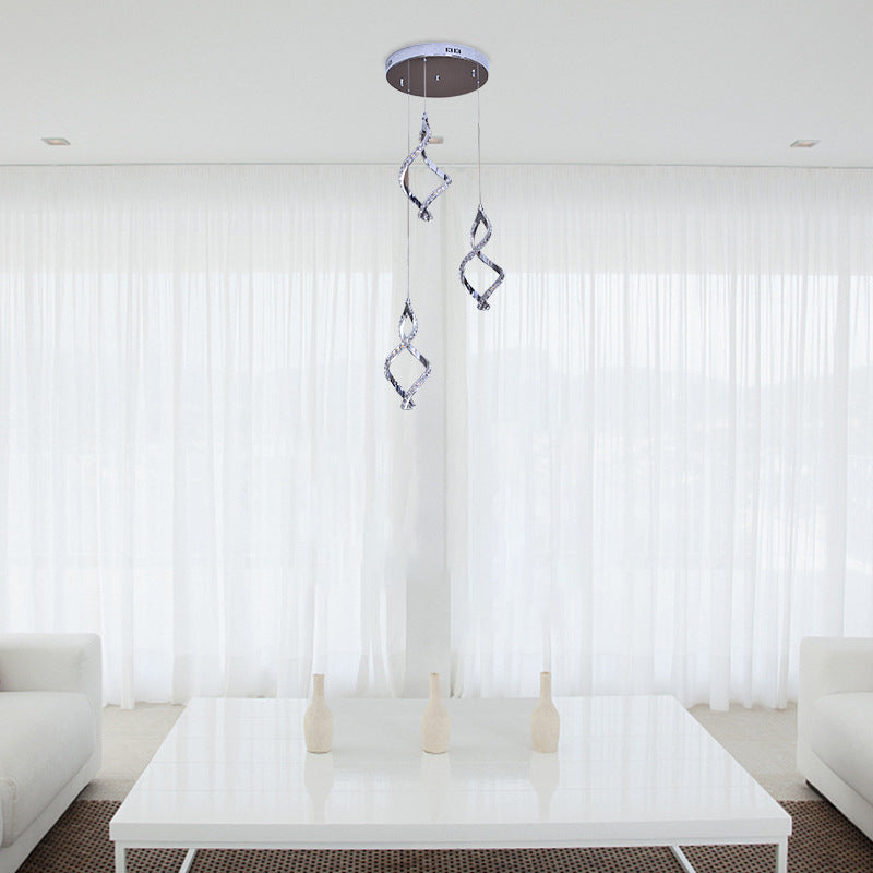 Modern Nickel Twist Cluster Pendant with Crystal Down Lighting and 3 Warm/White Lights