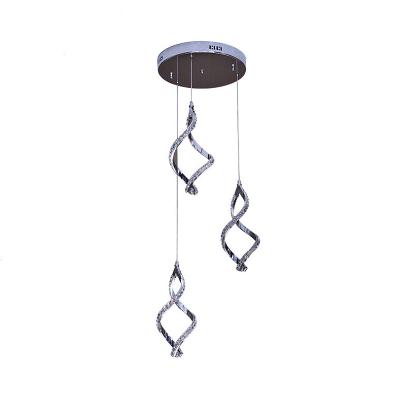Modern Twist Shaped Nickel Pendant Light With Crystal Down Lighting - 3 Lights Warm/White