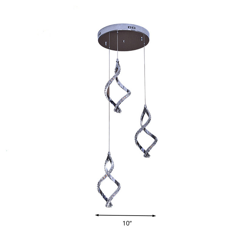 Modern Nickel Twist Cluster Pendant with Crystal Down Lighting and 3 Warm/White Lights