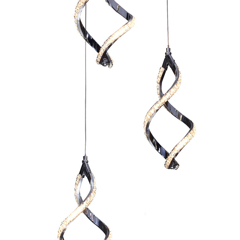 Modern Nickel Twist Cluster Pendant with Crystal Down Lighting and 3 Warm/White Lights
