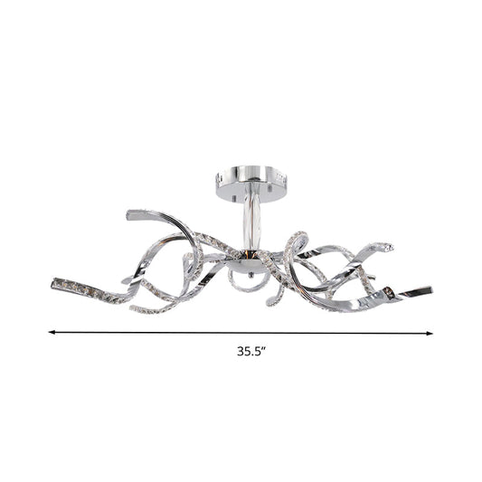 Crystal Semi Flush Lighting: Twist Design Minimalist 10-Light Chrome Ceiling Fixture - White/Natural