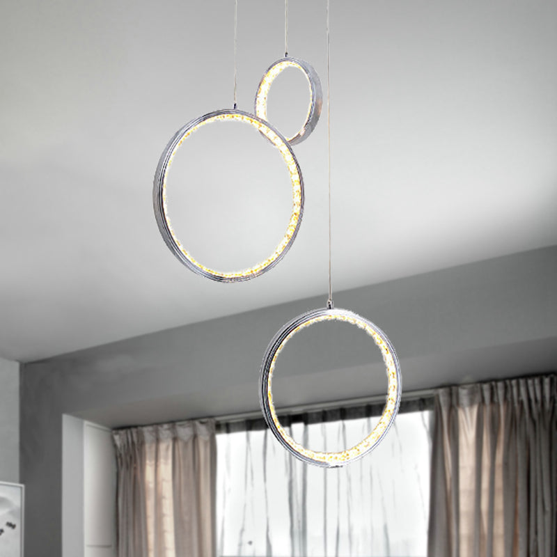 Circle Crystal Pendant Light with Cluster 3 Lights - Minimalist Design, Chrome Finish, Warm/White Lighting