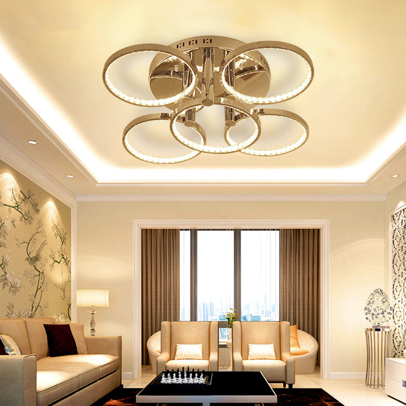 Plafonnier LED semi-encastré minimaliste en cristal argenté pour salon - Lueur chaude/blanche