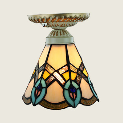 Colorful Stained Glass Flush Mount Ceiling Light with Tiffany-inspired Sunflower, Peacock Tail, and Lily Design