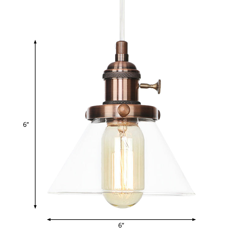 Vintage Style Conical Hanging Pendant Light with Amber/Clear Glass and Metal Head in Black/Bronze/Brass