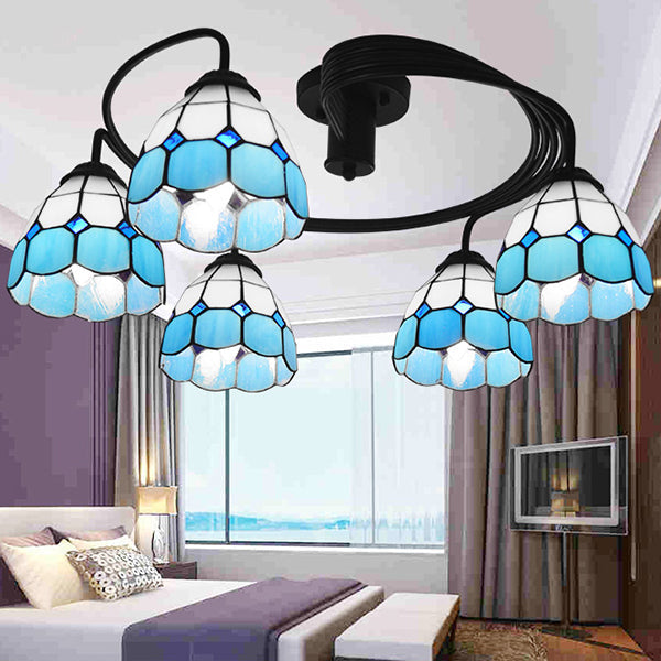 Tiffany Vintage Stained Glass Semi Flush Light Fixture - 3/5-Light Bowl Design - for Bedroom Décor in Vibrant Orange/Blue/Pink/Green Shades