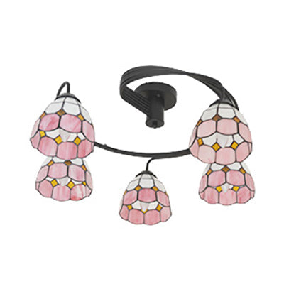 Tiffany Vintage Stained Glass Semi Flush Light Fixture - 3/5-Light Bowl Design - for Bedroom Décor in Vibrant Orange/Blue/Pink/Green Shades