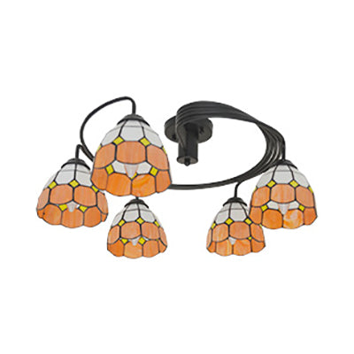 Tiffany Vintage Stained Glass Semi Flush Light Fixture - 3/5-Light Bowl Design - for Bedroom Décor in Vibrant Orange/Blue/Pink/Green Shades