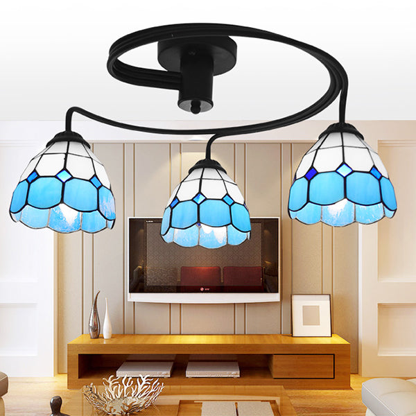 Tiffany Vintage Stained Glass Semi Flush Light Fixture - 3/5-Light Bowl Design - for Bedroom Décor in Vibrant Orange/Blue/Pink/Green Shades