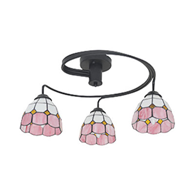 Tiffany Vintage Stained Glass Semi Flush Light Fixture - 3/5-Light Bowl Design - for Bedroom Décor in Vibrant Orange/Blue/Pink/Green Shades