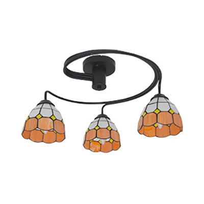 Tiffany Vintage Stained Glass Semi Flush Light Fixture - 3/5-Light Bowl Design - for Bedroom Décor in Vibrant Orange/Blue/Pink/Green Shades