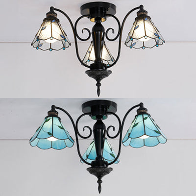 Plafonnier conique en vitrail Tiffany bleu/transparent - Style vintage, 3 têtes