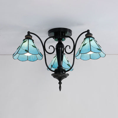 Plafonnier conique en vitrail Tiffany bleu/transparent - Style vintage, 3 têtes