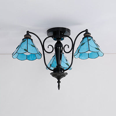 Plafonnier conique en vitrail Tiffany bleu/transparent - Style vintage, 3 têtes