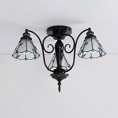 Plafonnier conique en vitrail Tiffany bleu/transparent - Style vintage, 3 têtes