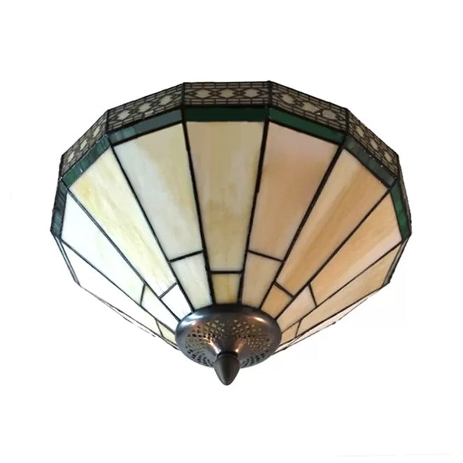 White Stained Glass Ceiling Light, 2-Light Medium Flush Mount with Tiffany Style Cone Shade