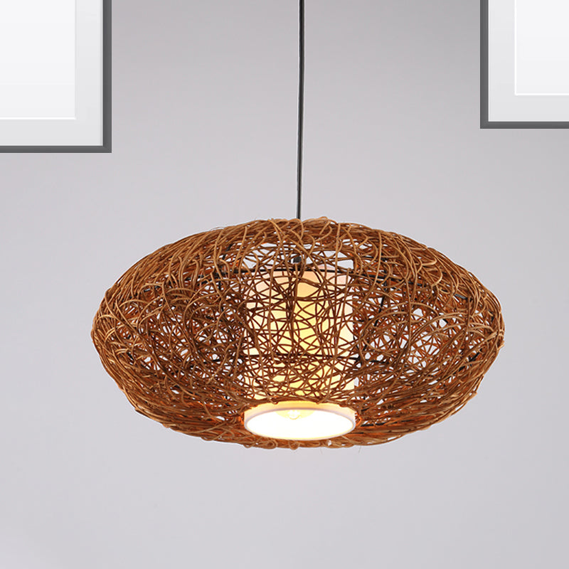Retro Rattan Woven Pendant Light Kit for Tearoom with Brown Suspension and 1 Bulb