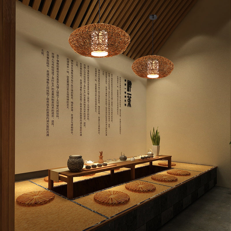 Retro Rattan Woven Pendant Light Kit for Tearoom with Brown Suspension and 1 Bulb