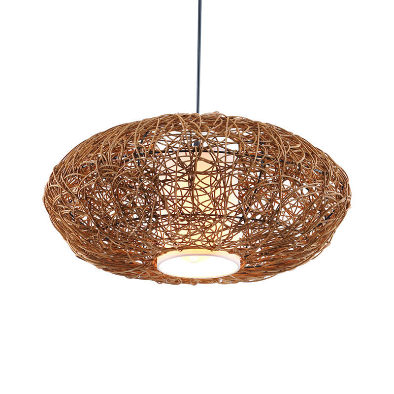 Retro Rattan Woven Pendant Light Kit for Tearoom with Brown Suspension and 1 Bulb