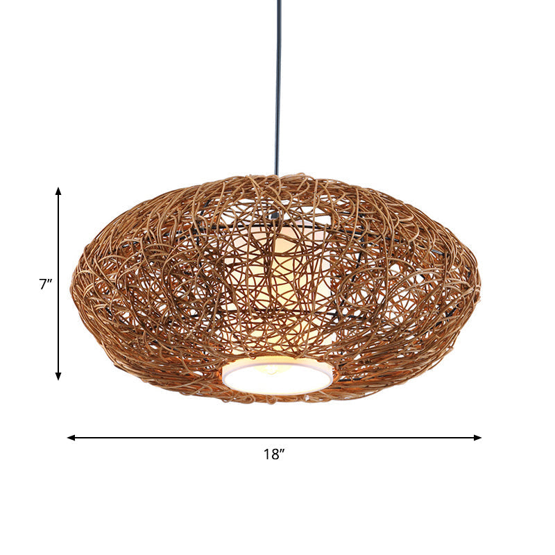 Retro Rattan Woven Pendant Light Kit for Tearoom with Brown Suspension and 1 Bulb