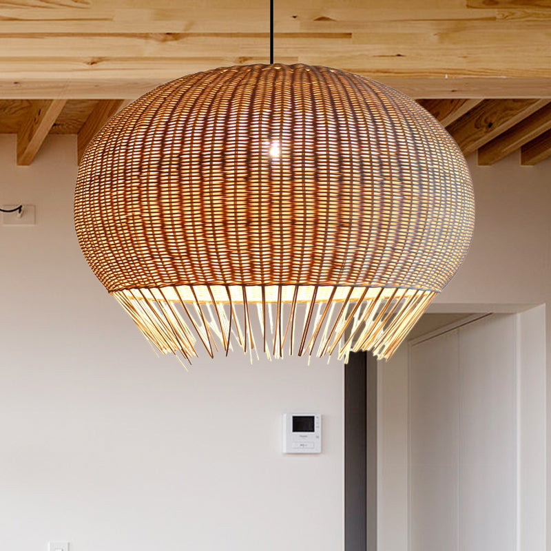 Rustic Woven Rattan Hanging Pendant Lamp For Restaurants - Wood Finish