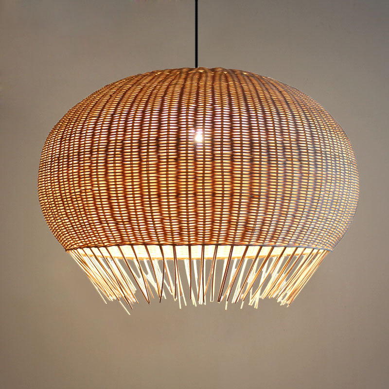 Rustic Woven Rattan Hanging Pendant Lamp For Restaurants - Wood Finish