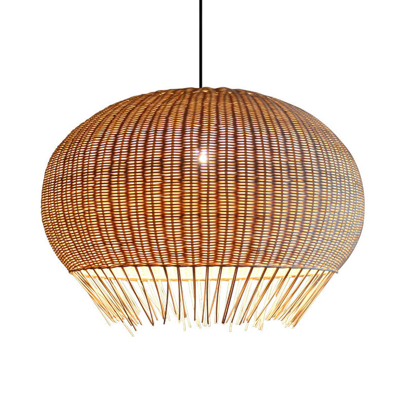Rustic Woven Rattan Hanging Pendant Lamp For Restaurants - Wood Finish